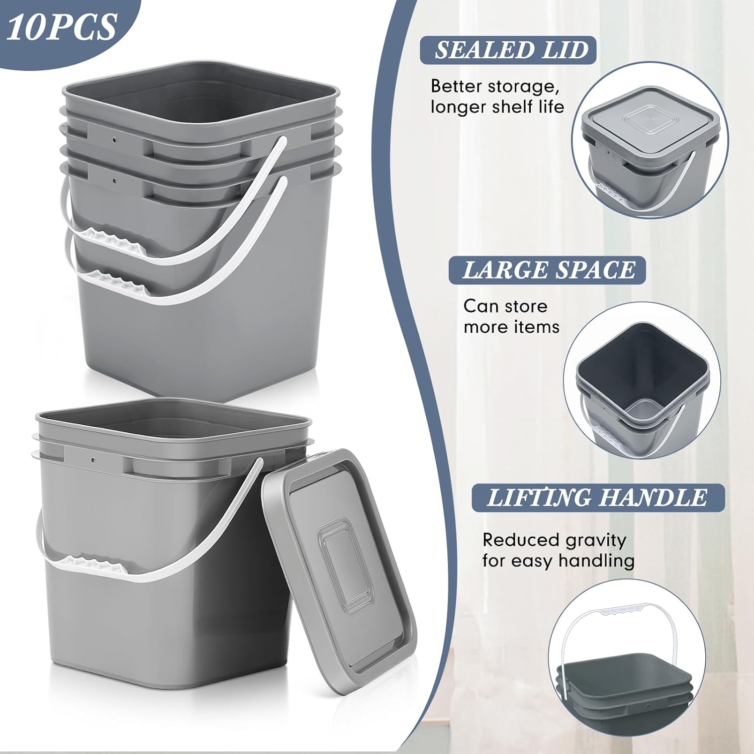 10-Pack 3.5Gal Grey Square Food Buckets - Image 2